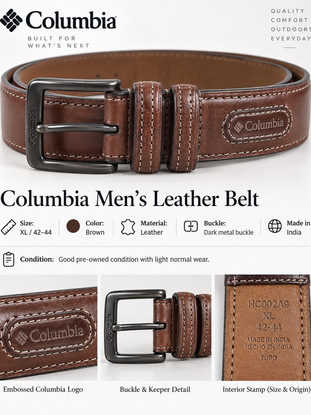 Columbia Men’s Brown Leather Belt XL 42–44 Classic Casual Dress Belt